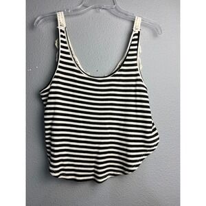 Sweet Claire Womens Black White Striped Crochet Back Ribbed Tank Top Coastal SM